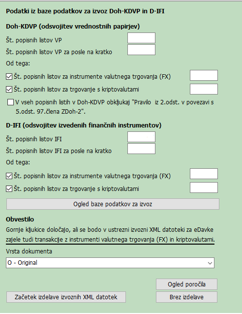 Dodatne nastavitve pri izvozu podatkov trgovanja